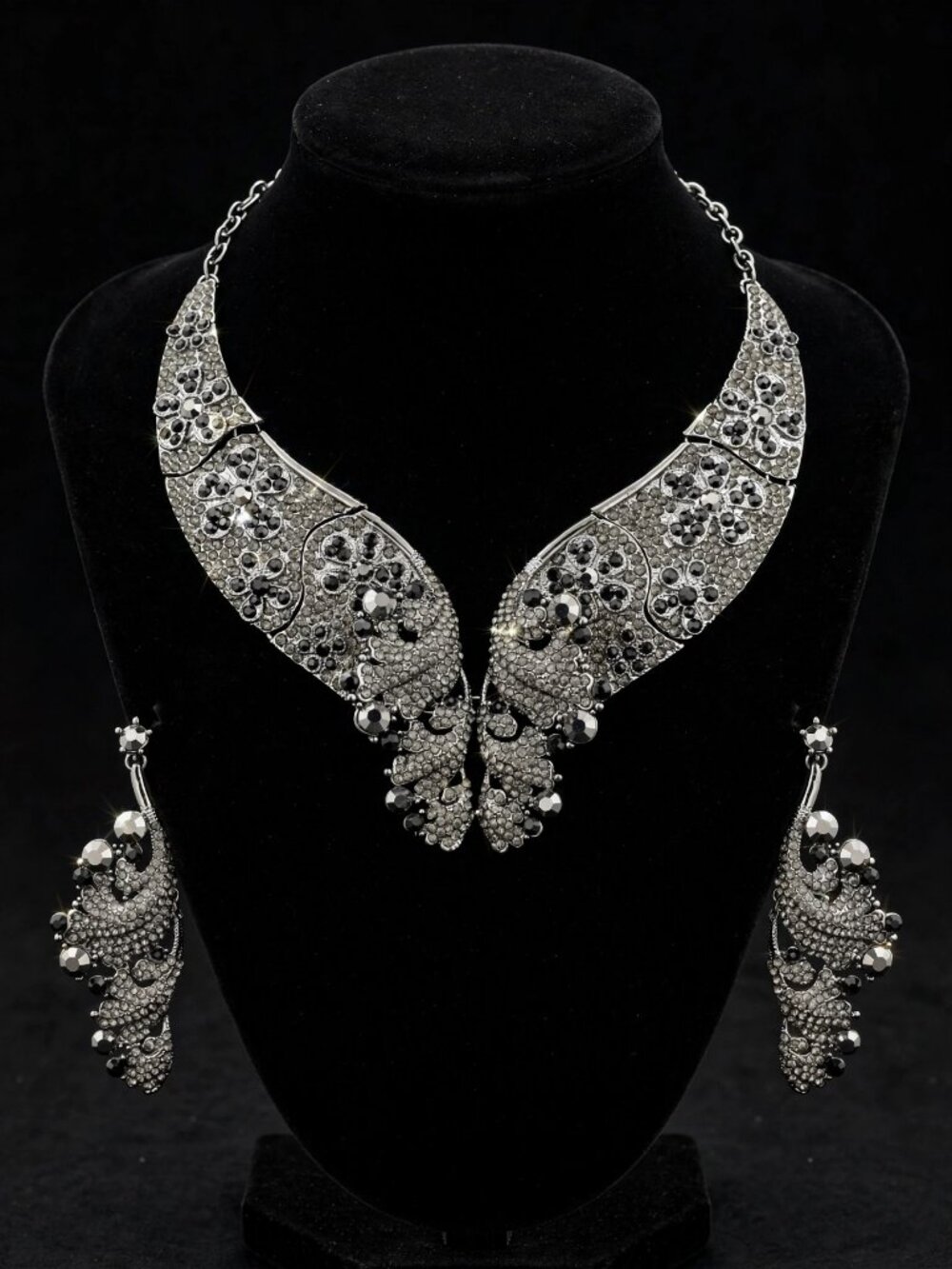 Black Crystal Peacock Statement Necklace & Earrings Set – Bridal Jewelry